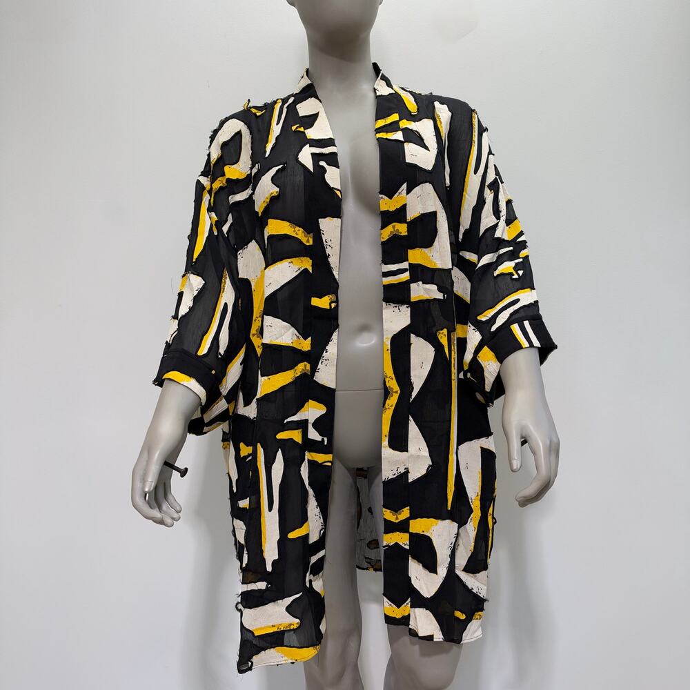 NWT Marina Rinaldi Black Yellow Abstract Kimono Open Cardigan US22 Artsy Vibrant